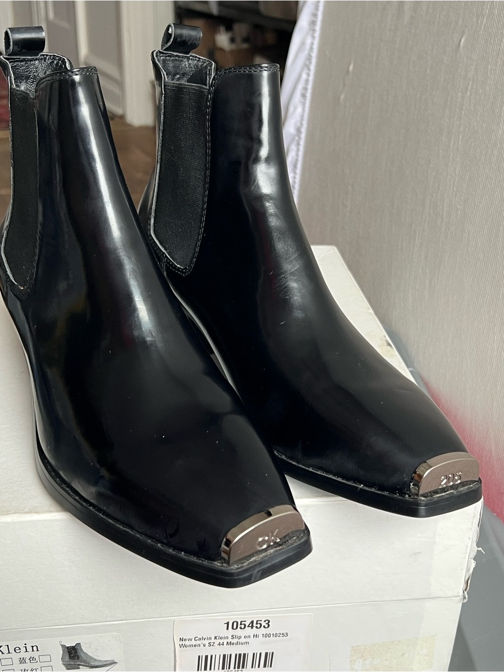 Calvin Klein Black Patent Chelsea Booties with Metal Toe Cap